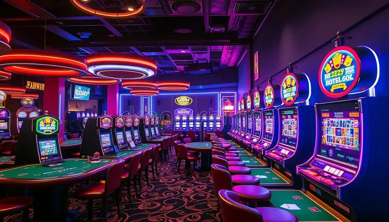 Tampilan langsung permainan live casino dengan latar belakang ungu gelap dan dealer aktif